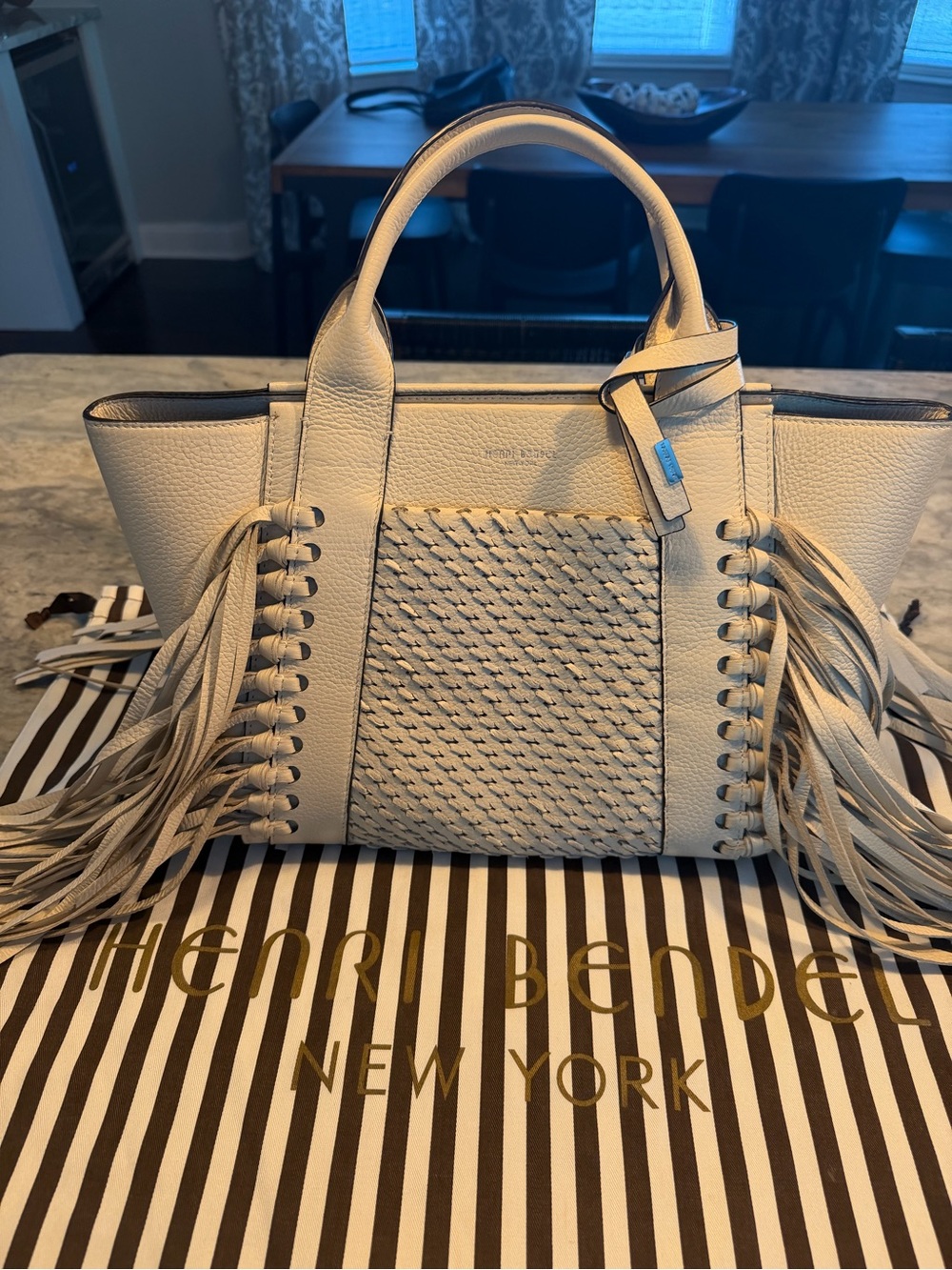 Authentic Henri Bendel cream woven fringe tote
